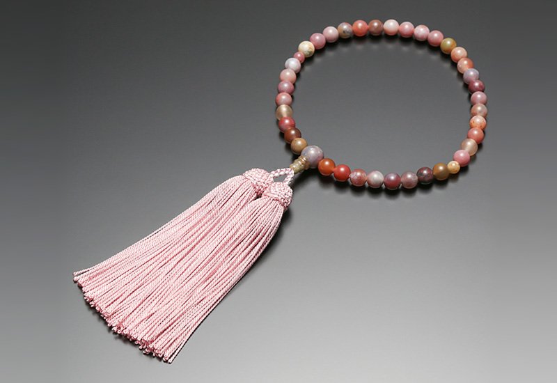 女性用数珠] ピンクインド瑪瑙 共仕立 正絹頭付房【桐箱入・片手略式