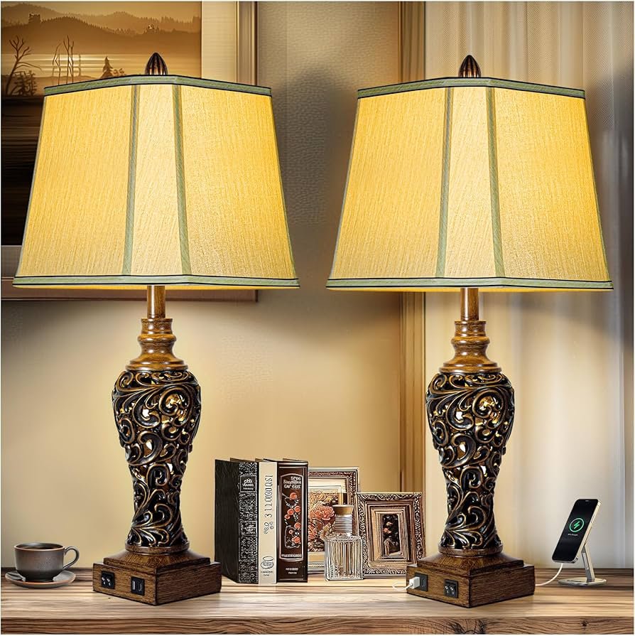 28.5'' Tall Farmhouse Vintage Table Lamp Set of 2 with Faux Silk