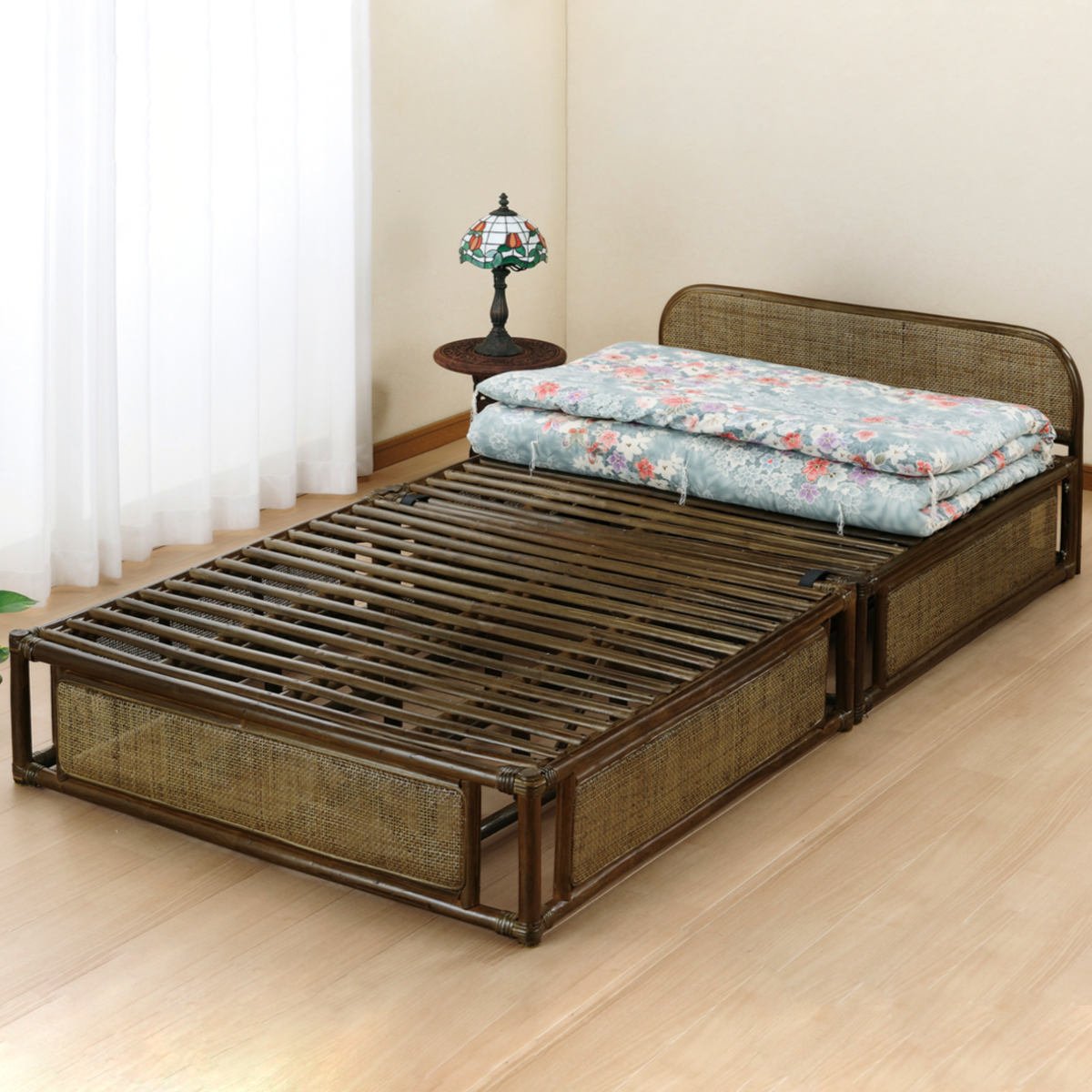 籐 シングルベッド 折りたたみ式 ヘッドボード付き（ 家具 ベッド 籐