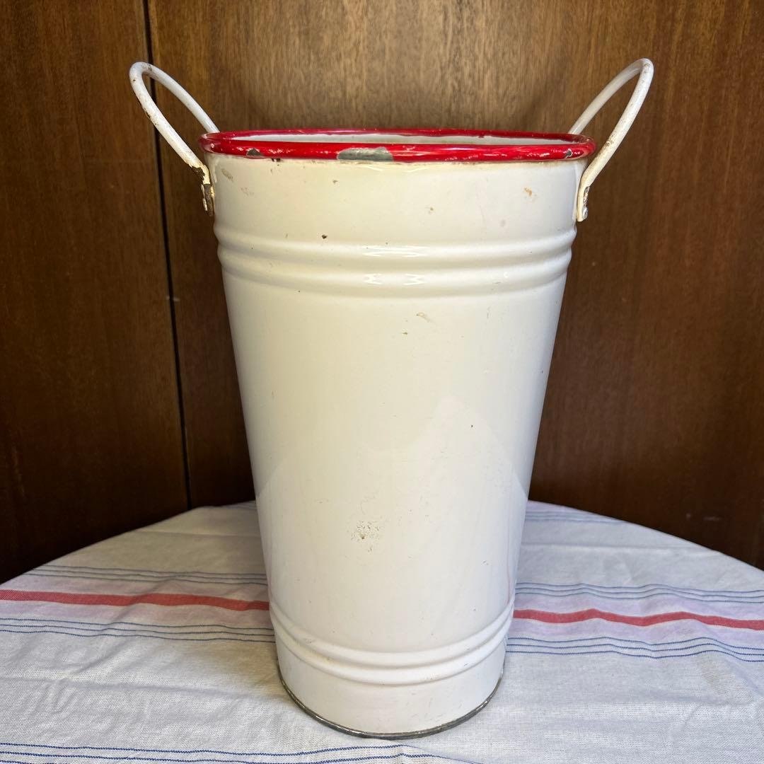 レアイギリスアンティーク　ホーロー花桶/水入れ/バケツ　クリームホワイトに赤縁取 フランスアンティーク ホーローバケツ | Bonny Bee