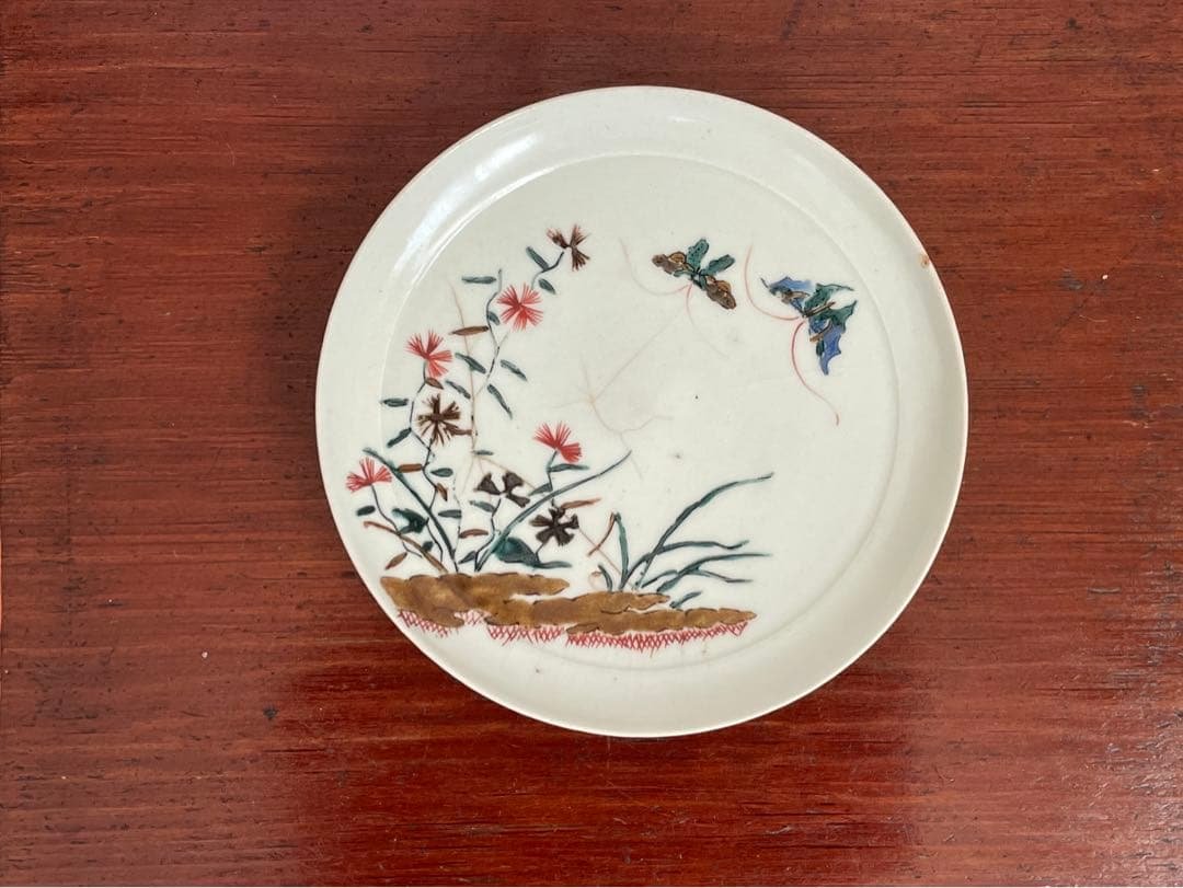 #1 骨董　アンティーク　色絵古九谷　撫子蝶々図　丸皿　五寸皿　角福　初期伊万里 掌の骨董108.伊万里色絵古九谷様式・杜若（かきつばた）文中皿 | 掌