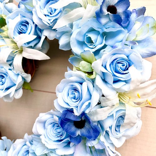 No.wreath-15364/ 水色バラのハート型リース 32x34cm /アーティ